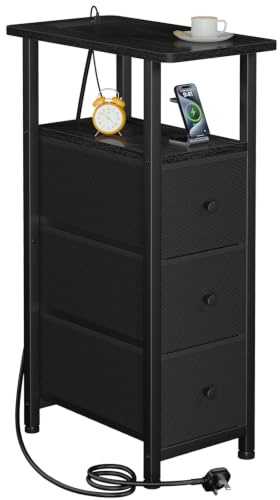 LOAKEKEL Narrow Bedside Table, Slim Side Table with Charging Station | Sofa Table with 3 Fabric Drawers, End Table with Open Storage Shelf, Nightstand for Small Spaces, Living Room, Bedroom Black