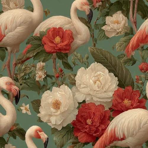 Generisch Selbstklebende Tapete 44x200 cm Klebefolie Möbel Flamingo Pfingstrose Dekorfolie Möbelfolie Vintage Blumen Mustertapete Wandtapete Wohnzimmer Schlafzimmer Wasserdicht Wallpaper Küche