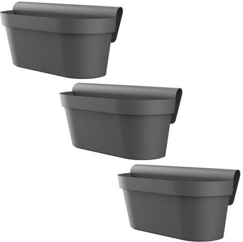 Engelland - 3 x Balkonkasten für Geländer & Zaun, Anthrazit, Blumentopf mit Wasserspeicher, Blumenkasten zum EIN-Hängen, Balkontopf, Pflanzkasten, 49 x 20,5 x 23 cm, Außenbereich, Kunststoff