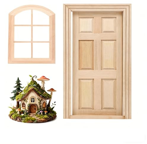 SHINEOFI 1 12 Scale Dollhouse Door and Window Set Miniature Dollhouse Windows with Arched Top Wooden Furniture Model for Diy Mini House Decoration