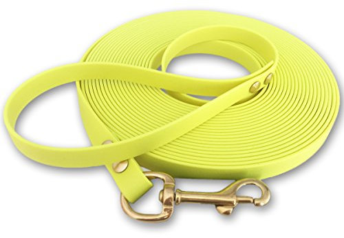 Schleppleine 9mm aus Beta BioThane® 10 Meter lang in Neongelb mit Handschlaufe und Messingkarabiner