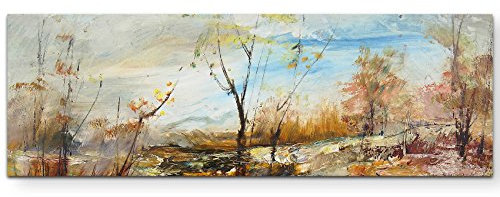 Paul Sinus Art Leinwandbilder | Bilder Leinwand 120x40cm Landschaft mit Bäumen und Wasser – Ölgemälde
