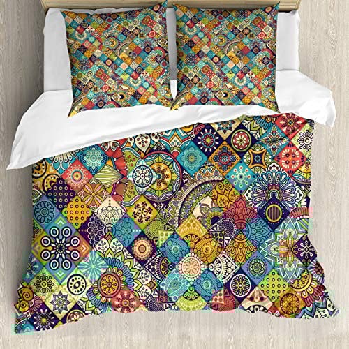 ABAKUHAUS Bohemien Bettwäsche Set für Doppelbetten, Checkered Folk, Weicher Microfaserstoff Allegigeignet kein Verblassen, Türkis Rot Braun