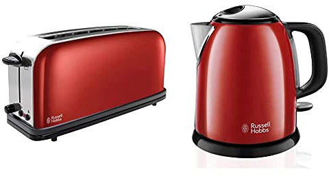 Russell Hobbs Set Petit Déjeuner Bouilloire et Grille Pain Toaster Baguette Colours Plus Rouge - 24992-70 et 21391-56