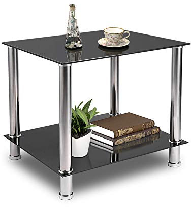 Industrial Design Tempered Glass Coffee Table with Chrome Legs - 2 Tier Side Table for Living Room, Balcony, Hallway - Black