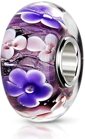 MATERIA by Matthias Wagner Glas Bead lila Blumen Anhänger für Armband mit Glitzerfolie 1486