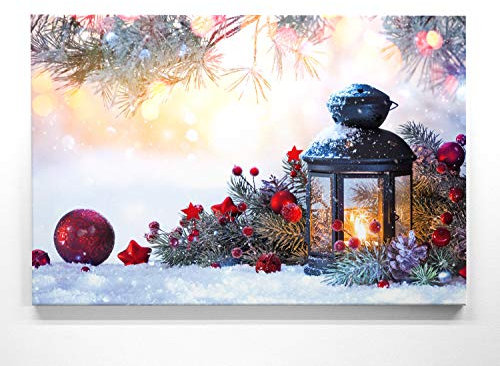 Eine schöne Weihnachtsdekoration, Laterne im Schnee als 80x80cm großes Leinwand-Bild. Fertig aufgespannt auf 2cm Holzrahmen. Zaubern Sie Weihnachten an die Wand. Perfekt als Deko für alle Zimmer