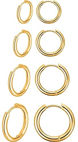4 Paare Edelstahl Creolen Ohrringe Kleine Knorpel Hoop Ohrringe Nase Lippen Ringe für Männer und Damen (8 mm, 10 mm, 12 mm, 14 mm, Gold)