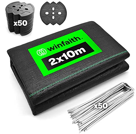 Unkrautvlies 100 g/m², Erdanker aus Stahl H150 x B30 x D3 mm und Pufferscheiben aus Kunststoff - gegen Unkraut im Garten – Polypropylen-Folie schwarz, wasserdurchlässig mit UV-Schutz - 2m x 10m