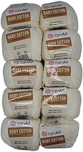10 x 50g Strickwolle YarnArt Baby Cotton mit 50% Baumwolle, 500 Gramm Wolle einfarbig (creme 401)