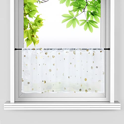 HeichkelL Voile Scheibengardine Bistrogardine Gold Glänzende Kurzstores mit Tunnelzug Kleinfenster Vorhang Küche Kreise-Dekomuster Weiß HxB 45x90 cm