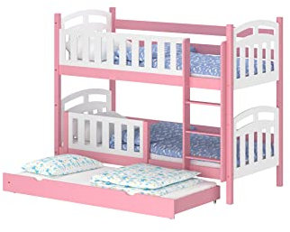 WNM Group Kinderbett Ausziehbar mit Rausfallschutz Suzie - aus Massivholz - Hochbett für Mädchen und Jungen - Absturzsicherung Ausziehbett - Kinderhochbetten 180x80 / 170x80 cm - Rosa