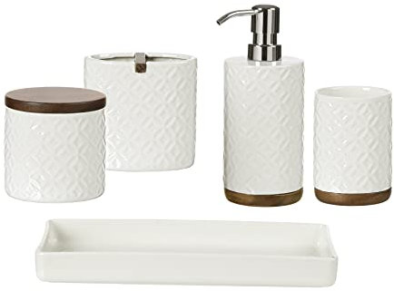 Motifeur Set di accessori da bagno, 5 pezzi in ceramica e legno, set completo con dispenser per lozione/pompa per sapone, barattolo di cotone, vassoio per trucco, bicchiere e portaspazzolino (bianco e