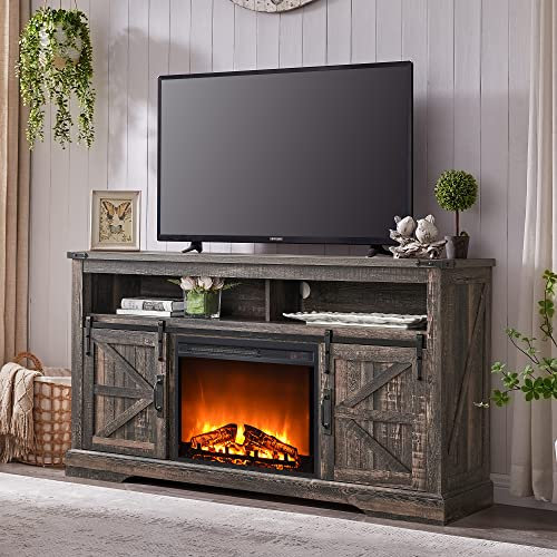 OKD Fireplace TV Stand for 65+ Inch TV, 33 Tall Highboy Farmhouse Entertainment Center w/ 23'' Electric Fireplace, Rustic Media Console w/Sliding Barn Door for Living Room, Dark Rustic Oak
