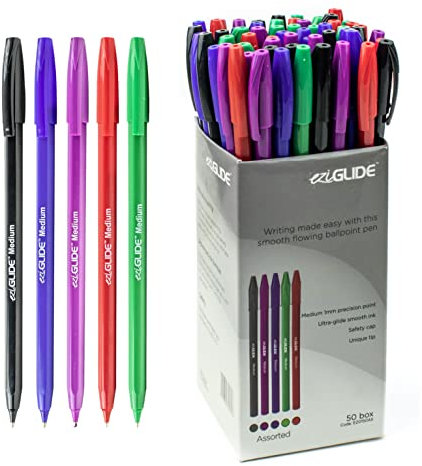 Eziglide 50-Pack Ballpoint Pen Set, 5 Assorted Colours – Medium Point Nib (1.0mm) for Precise Writing & Ergonomic Grip – Writing Pens for Home, Office, Teachers, Exams, Work, and Stationary Use