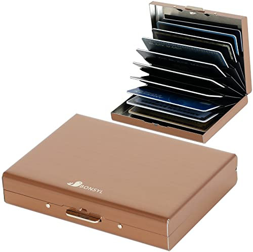 BONSYL® Porte Carte de Crédit pour Hommes et Femmes, Portefeuille Carte de Crédit Fin en Métal avec Blocage RFID avec 10 Compartiments en PVC. (10 Cartes/Or Rose)