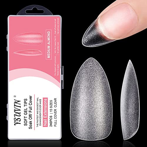 Yueshop Soft Gel Full Cover Nail Tips -240PCS Medium Almond Gelly Gel Nail Tips Full Matte Cover Break Resistant nail tips Kit 15 Sizes for DIY Manicure Nail Art Salon