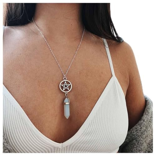 Cimenexe Böhmische Quarz Stein Halskette Pentagramm Anhänger Halskette Silber Kreis Halskette Choker Stern Halskette Kette Kugel Form Heilung Spitze Chakra Halskette Schmuck Für Frauen Und Mädchen