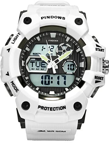 PINDOWS Sport Uhren Herren, 5 ATM Wasserdicht Analog Quarz Uhr, Mode GroßEs Zifferblatt Duale Zeitzone Digital Armbanduhr, Mit Wecker Datum,Weiß