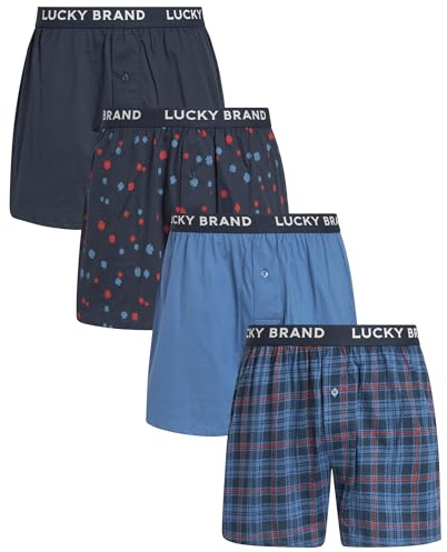 Lucky Brand Mens Underwear Boxer Shorts - 4 Pack Super Soft Knit 4'' Inseam Relaxed Fit Cotton Boxers for Men with Button Fly, Size Medium, Indigo/Mood