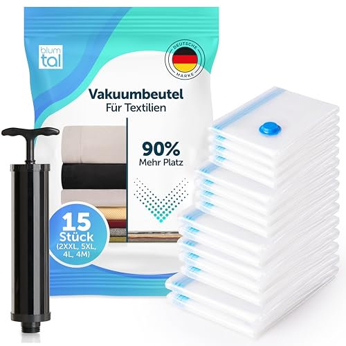 Blumtal Vakuum-Kompressionsbeutel - Vakuumbeutel für Kleidung – mit Handpumpe – Vacuum Bags – Vakuumbeutel für Kleidung Staubsauger - Vakuumierbeutel Kleidung im 15er Set (XXL, XL, L, M)