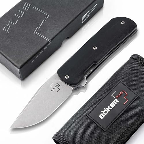 BÖKER PLUS® Urban Trapper Stubby - kleines Flipper Messer mit kugelgelagerter Droppoint Klinge - kompaktes Linerlock Taschen-Messer - Gentleman Folder mit G10 Griff - EDC Klappmesser mit Clip & Etui