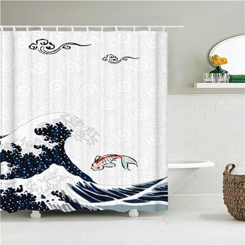 Duschvorhang Surf-Koi 300x200cm Duschvorhäng Anti Schimmel,Wasserabweisend Stoff Duschrollo Waschbar,3D Draussen Bad Vorhang Schnell Trocknend,Badewanne Badezimmer Decor Vorhänge