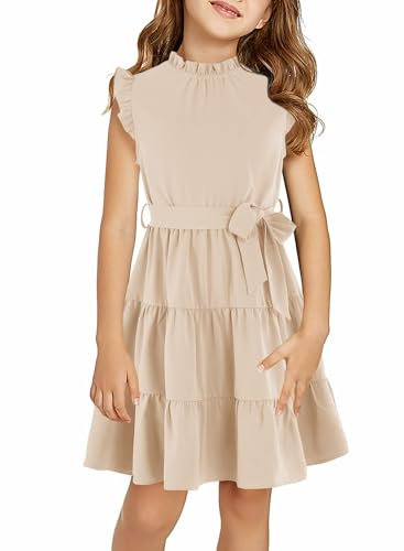 Haloumoning Mädchen Kleider Lässige Rüschenärmel Midikleid Kinder Plissiertes Party Kleid mit Gürtel Beige 8-10 Jahre