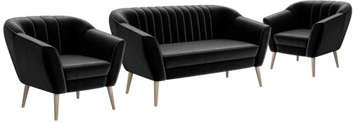 MEBLINI Mini Sofa Set 2-1-1 für Wohnzimmer - Mini Lounge für Vier Personen - Küchensofa - Sofa Klein - Sitzgarnitur - Polstergarnitur - Sofagarnituren - KAIA - 2+1+1 - Schwarz Samt