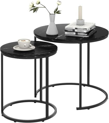 Huhote Round Coffee Tables, Set of 2 End Table, Nesting Tables, Side Table with Metal Frame for Living Room/Bedroom/Balcony/Office/Apartment, Diameter 19.6/13.7 IN (Black Frame, Black Marble Top)