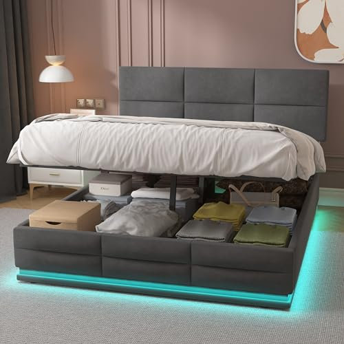 Doppelbett Polsterbett 140x200, LED Hydraulisch Stauraumbett Funktionsbett mit Großer Stauraum&Aufladen USB, Bett Jugendbett Bettgestell mit Verstellbares Kopfteil&Lattenrost, Samt, Ohne Matratze,Grau