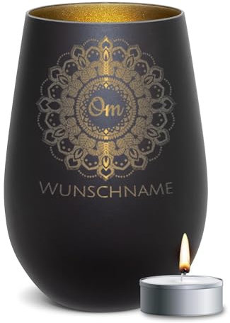 PR Print Royal Windlicht mit Gravur - Yoga Mandala mit OM-Mantra - mit Name - Yoga-Geschenk für Frauen, Personalisierte Geschenke für Yogalehrerin | inkl. Teelicht, 450 ml, Schwarz/Gold