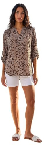 Roman Shirt for Women UK Ladies Top Collarless Blouse Stretchy Tunic Smart Casual Autumn Winter Jersey 3/4 Length Sleeve Notch V Neck Flattering Office Work - Beige - Size 14