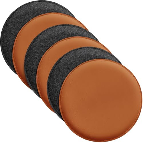 Miqio Design Sitzkissen | Wendekissen Rund aus Filz und Kunstleder | Stuhlkissen ø35 cm | 6er-Set | Sitzauflage für Bank und Stuhl | Dunkelgrau-Cognac