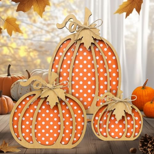 Suofuolef 3 Stück Herbstdeko, Holz Kürbis Decor Innen, Herbst Ernte Thanksgiving Halloween Deko für Innen Tisch Fenster