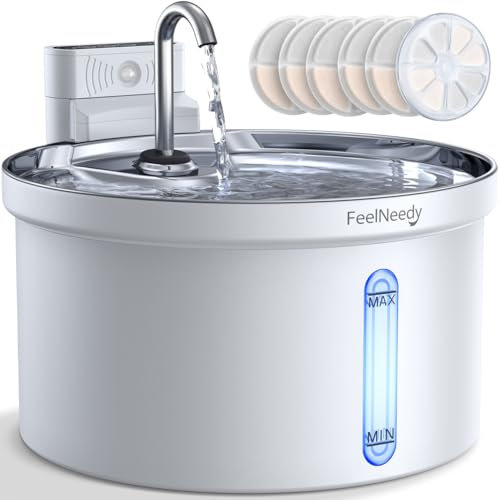 Fontaine a Eau Chat sans Fil à Pile [Séparation de l'eau et de la Batterie] FEELNEEDY Fontaine en Acier avec Détecteur avec Batterie Rechargeable 4000mAh-3,5L, avec 6 Set Filters