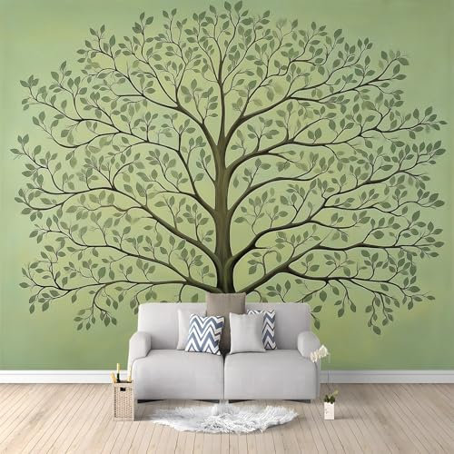 Fototapete 3D Effekt 350 x 256 cm Vlies Tapeten Wandtapete Einfacher Friedlicher Lebensbaum Moderne Wanddeko Design Wand Dekoration Wohnzimmer Schlafzimmer Hellgrün