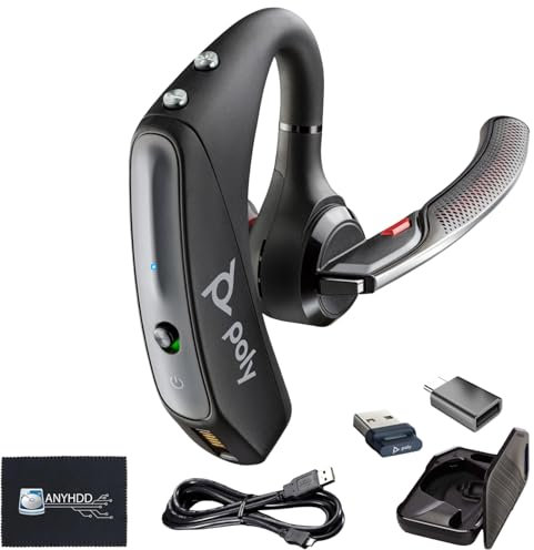 Plantronics Voyager 5200-UC 206110-101 - Auriculares Bluetooth para Smartphones, PC, iOS, Mac, Tablet, incluye funda de carga + cable de carga + dongle USB + USB A-C + paño de microfibra
