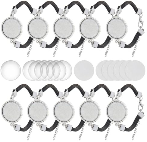 DICOSMETIC 20 Setzt Armband Lünetten Einstellungen 17cm Lünetten Armband Tablett Einstellungen Legierungsarmband Rohlinge Mit Schwarzem Kunstlederband Und Runden Glas Cabochons Für DIY Armbänder