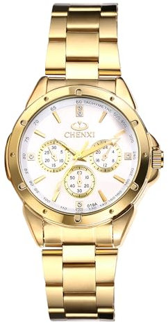 JewelryWe Damenuhr Edelstahl Leuchtende Uhren: 30m Wasserdicht Analog Quarz Armbanduhr Damen DREI Augen Gold Edelstahlarmband Geschäft Lässige Uhr mit Weiß Diamant-Balkenskala Zifferblatt