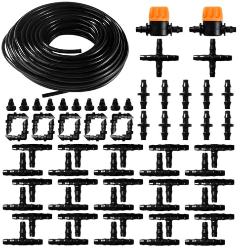VooGenzek 65 Piezas 4/7 mm Kit de Sistema de Riego por Goteo, 20m Manguera de Riego, Kit de Riego por Goteo Automático, con Juntas de Púas Rectas, Conectores en T, Tapones Extremo, para Jardin