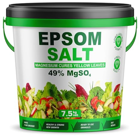 Epsom Salt Bucket for Plants, 49% MgSO4, Magnesium Cure for Yellow Leaves, Ready-to-Use Granules Garden Plant Growth, Lawn Care Magnesium Sulphate Fertiliser by Pure Source Nutrition (7.5KG)