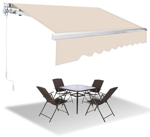 Herrselsam Gelenkarmmarkise, 350x300cm Einziehbare Markise mit Handkurbel, Sonnenschutz Wasserschutz, Sonnenmarkise Winkel Einstellung 0-30°, Erfordert Montage inkl. Wandhalterung, Beige