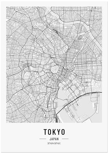 JUNOMI® Tokyo Poster DIN A2 Schwarz Weiss, DIN A2 Wohnzimmer Deko, Modernes Wandbild, Tokyo Bild, Wandbild ohne Rahmen, Stadtplan Poster Tokyo