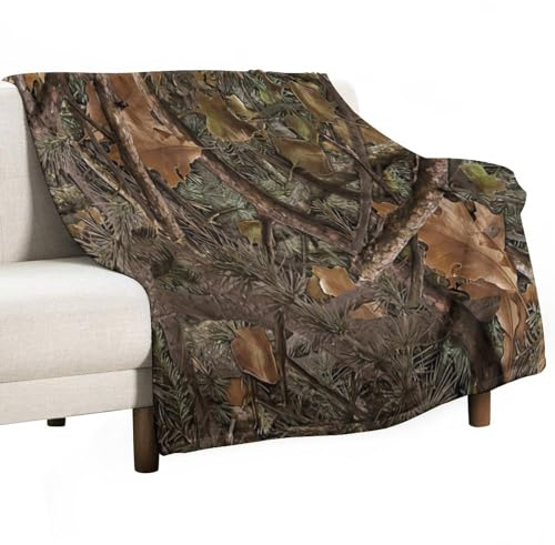 IQOPPEDR Flanell-Decken, Camouflage, Nadelbaum, Eichenzweige, Blätter, moosig, Jagd, Camping, Hütte, Überwurf, Bettdecke für Sofa, Stuhl, Bett, 101,6 x 127 cm