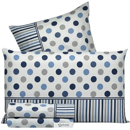 Riad Arredo Set Completo Letto Matrimoniale in 100% Cotone Morbidissimo - Completo Lenzuola in Cotone Delicato (Pois Lines Blue)