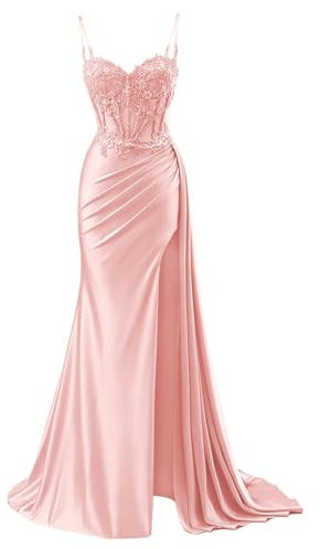 YIANN Abito da sera formale a sirena da donna con scollo a V in raso 2025 con fessura, Rosa cipria, 40