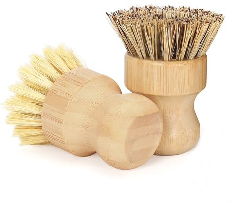 DEBETOOL Confezione da 2 spazzole per piatti in bambù – Spazzola per piatti in legno naturale con setole in sisal e palma per la pulizia di padelle, pentole, verdure e cucina antiaderenti