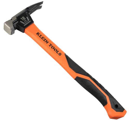 Klein Tools H80918 Smooth Face Fiberglass Hammer with Straight Claw, 18-Ounce Forged Steel, Magnetic Nail Starter, and Extra-Large Squared Strike Face