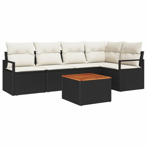 vidaXL 6-teiliges Gartensofa-Set mit Kissen in Schwarz und Creme – Modularer Outdoor-Bereich, wetterfest, Rattan, für 5 Personen, Couchtisch, Möbel für Wohnzimmer, Terrasse, Patio, modernes Design